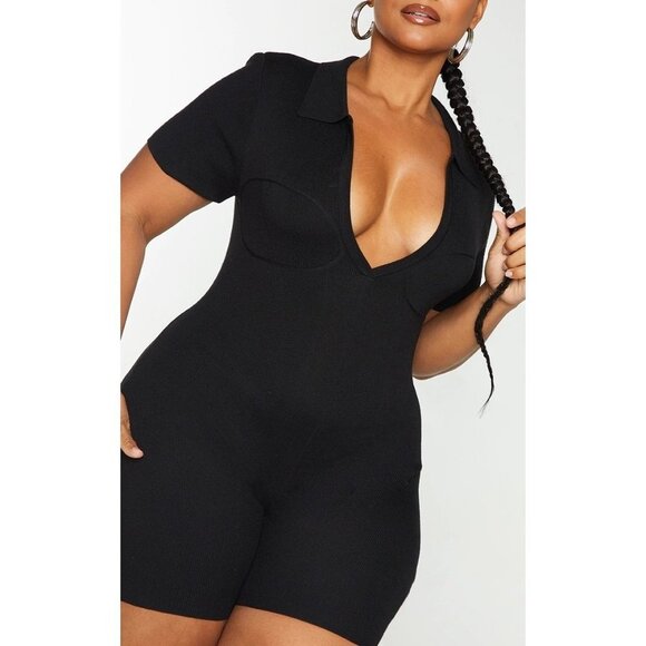 NWT PRETTYLITTLETHING PLUS BLACK FINE KNIT BUST DETAIL COLLARED SEAMLESS UNITARD - Picture 4 of 8